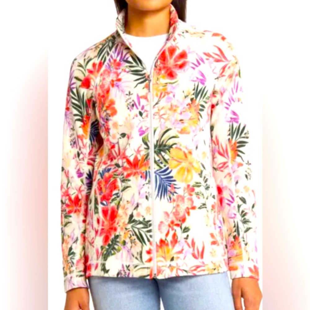 Tommy Bahama Aruba Hidden Bliss Knit Floral Jacket Large Zip Up Stretch Cozy